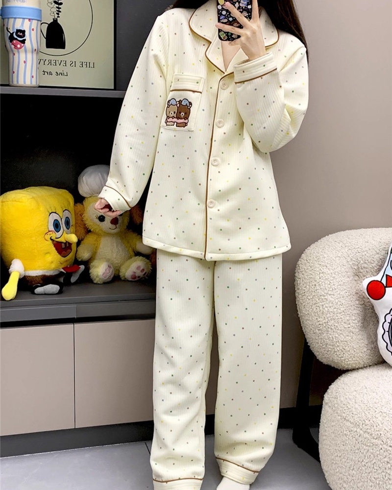 At home lapel spring printing maiden pajamas a set