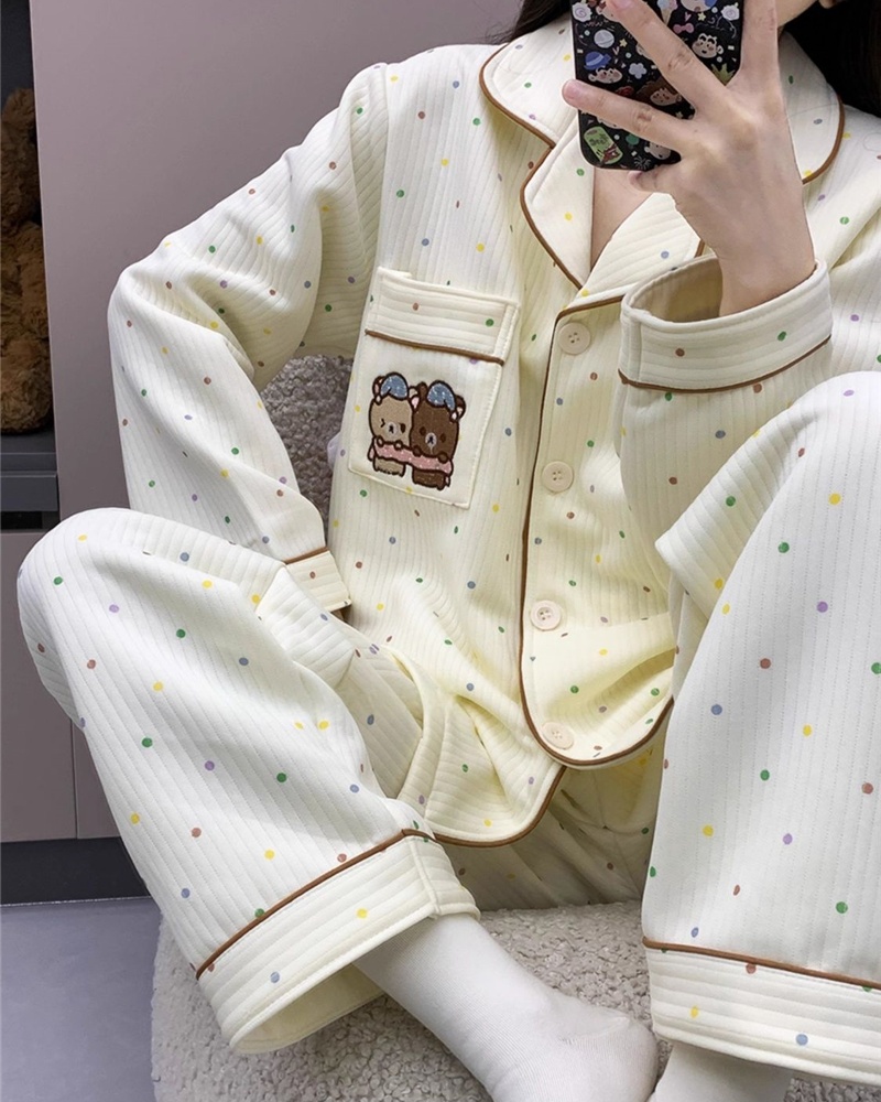 At home lapel spring printing maiden pajamas a set