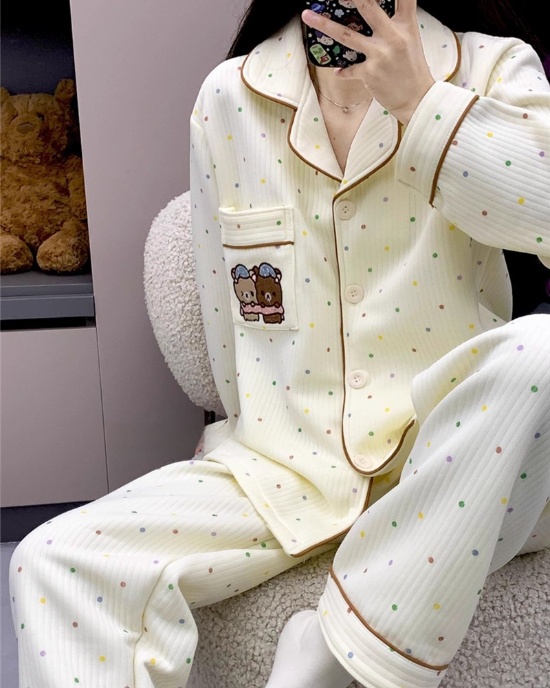 At home lapel spring printing maiden pajamas a set