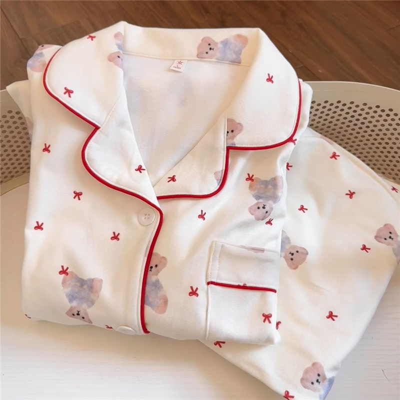 Spring printing lovely bow maiden cubs thermal pajamas a set