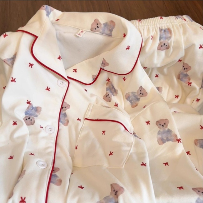 Spring printing lovely bow maiden cubs thermal pajamas a set