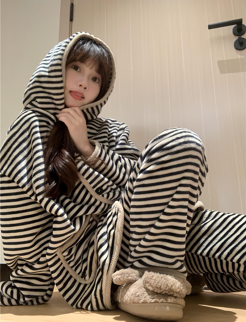 Thermal Korean style loose hooded pajamas 2pcs set