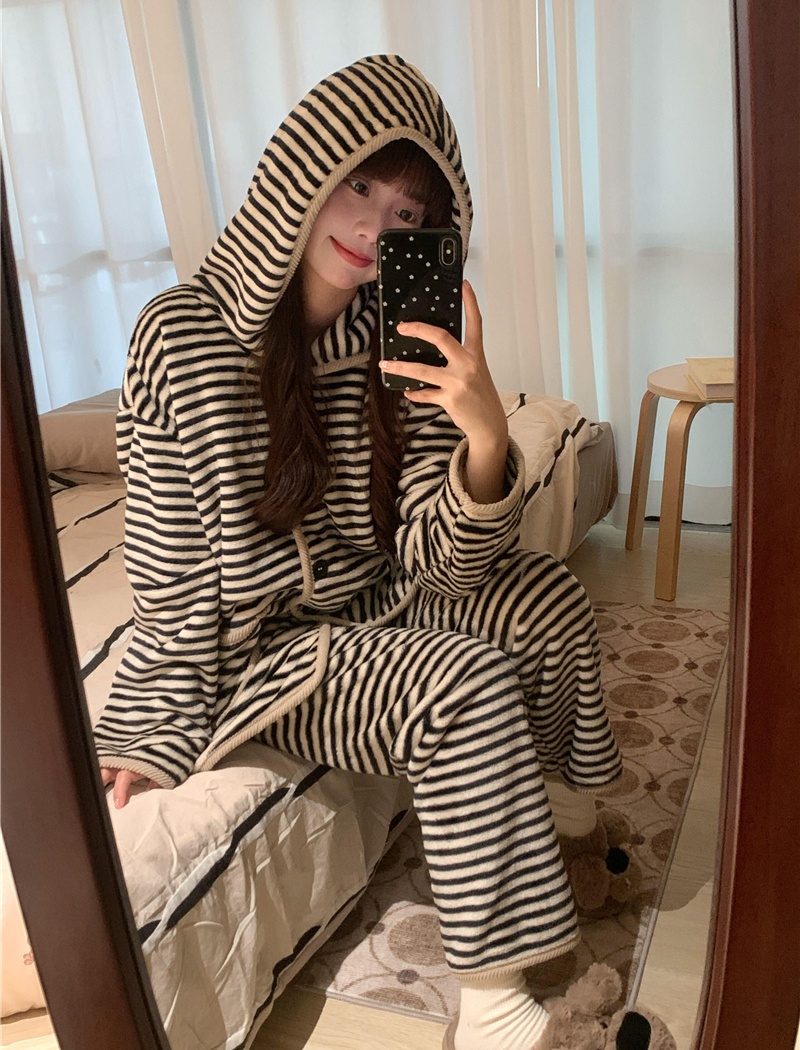 Thermal Korean style loose hooded pajamas 2pcs set