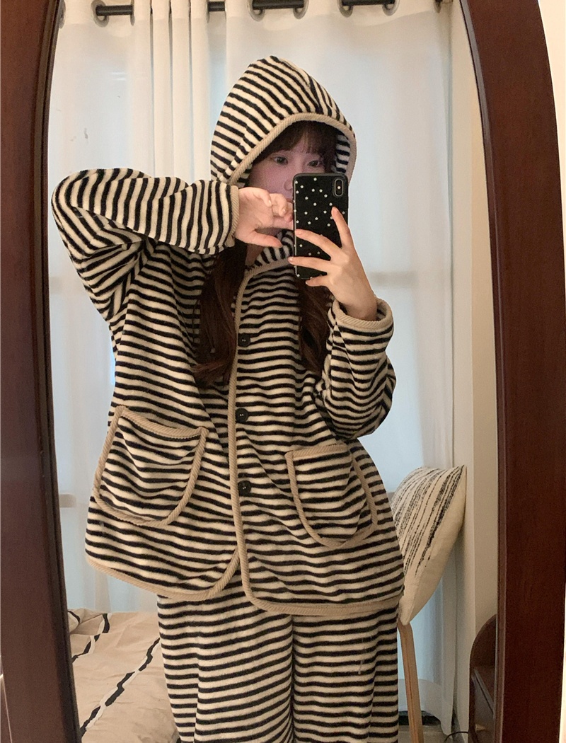 Thermal Korean style loose hooded pajamas 2pcs set