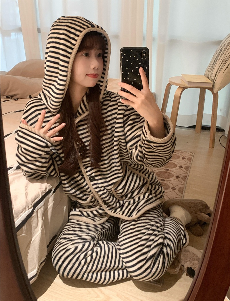 Thermal Korean style loose hooded pajamas 2pcs set