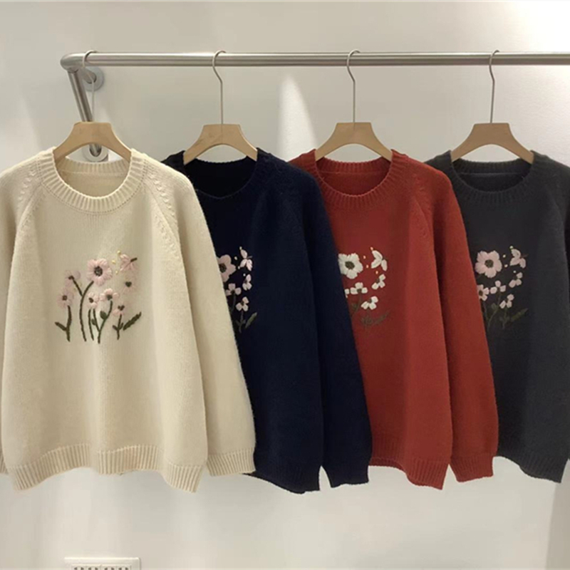 Embroidery loose flowers sweater all-match retro spring tops