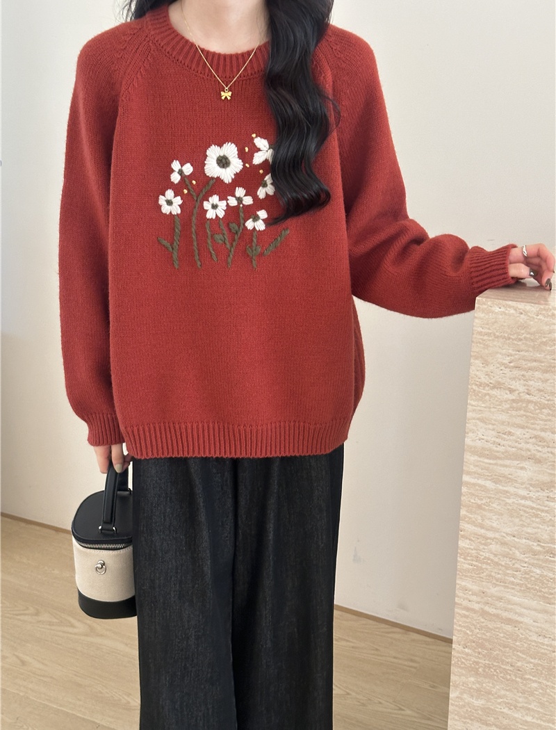 Embroidery loose flowers sweater all-match retro spring tops