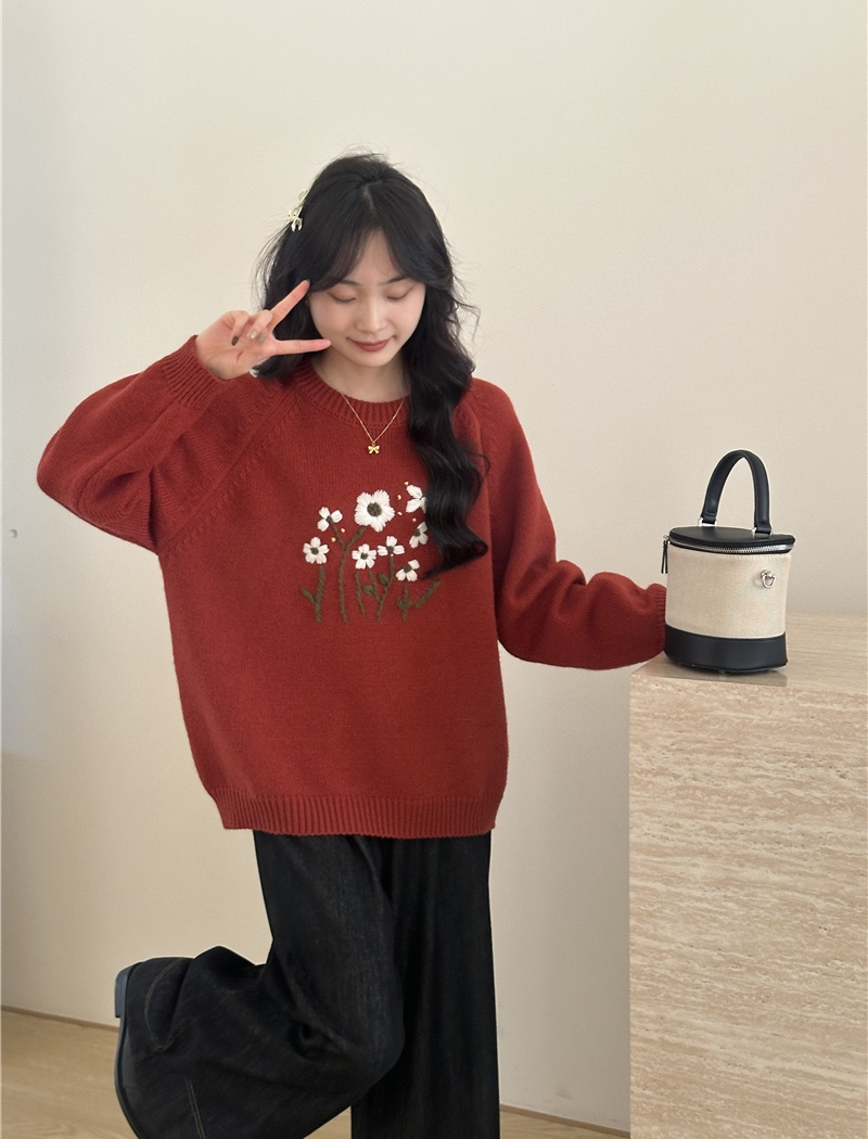 Embroidery loose flowers sweater all-match retro spring tops