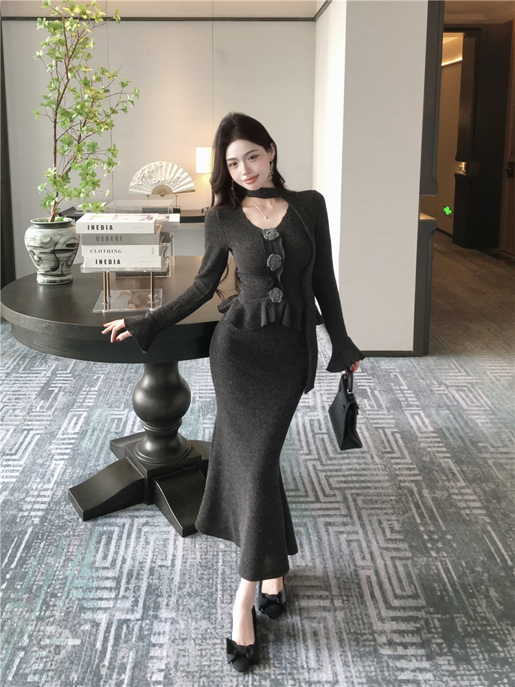 Flowers Korean style sweater stereoscopic long skirt a set