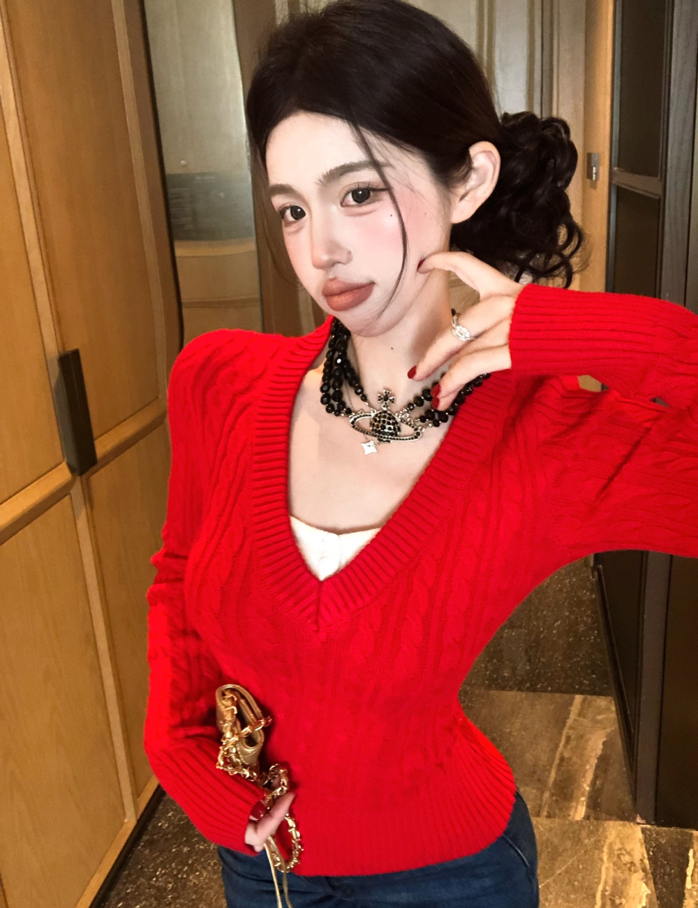 Pseudo-two mixed colors sweater for women