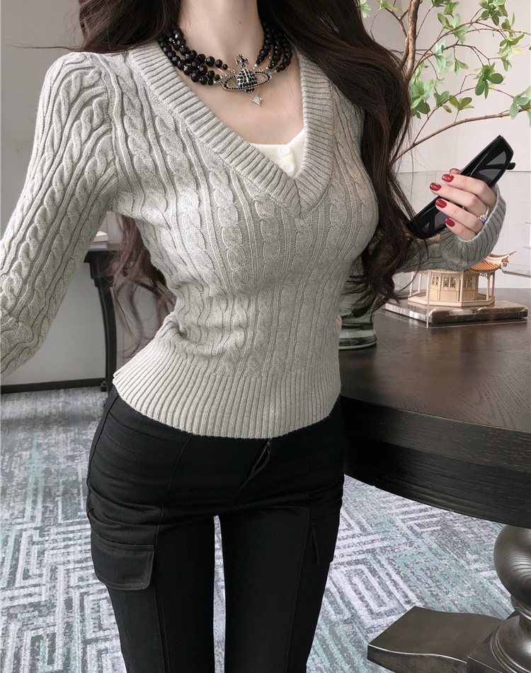 Pseudo-two mixed colors sweater for women