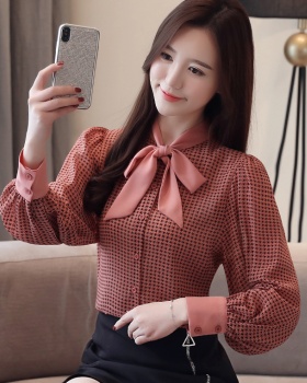 Houndstooth lantern shirt spring bow chiffon shirt for women