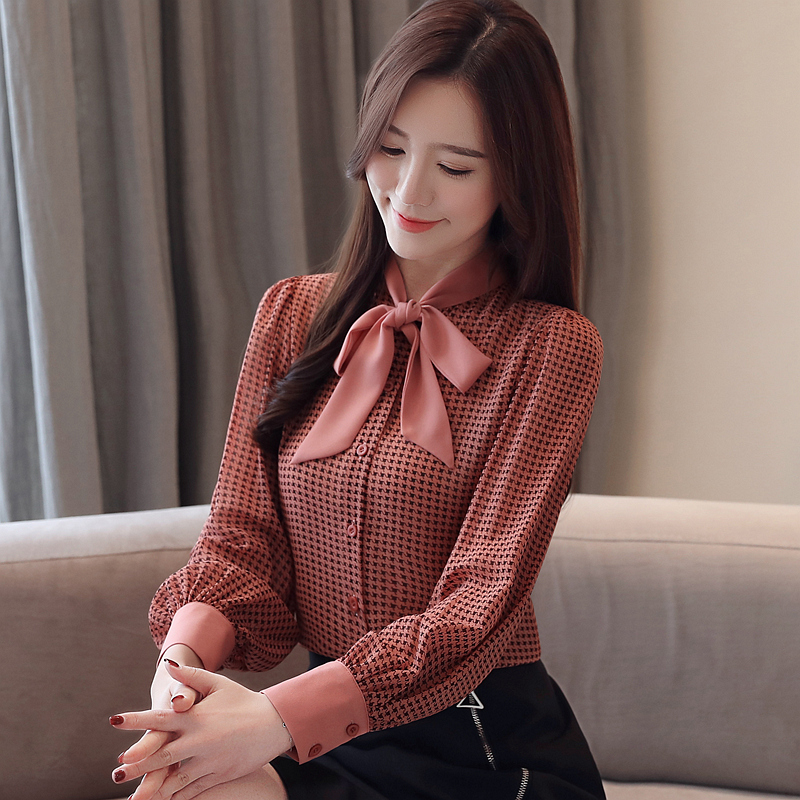 Houndstooth lantern shirt spring bow chiffon shirt for women