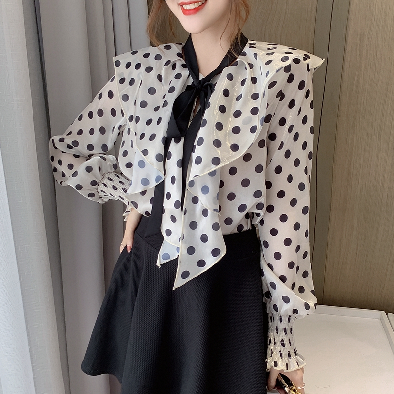 Frenum collar shirt polka dot chiffon shirt for women