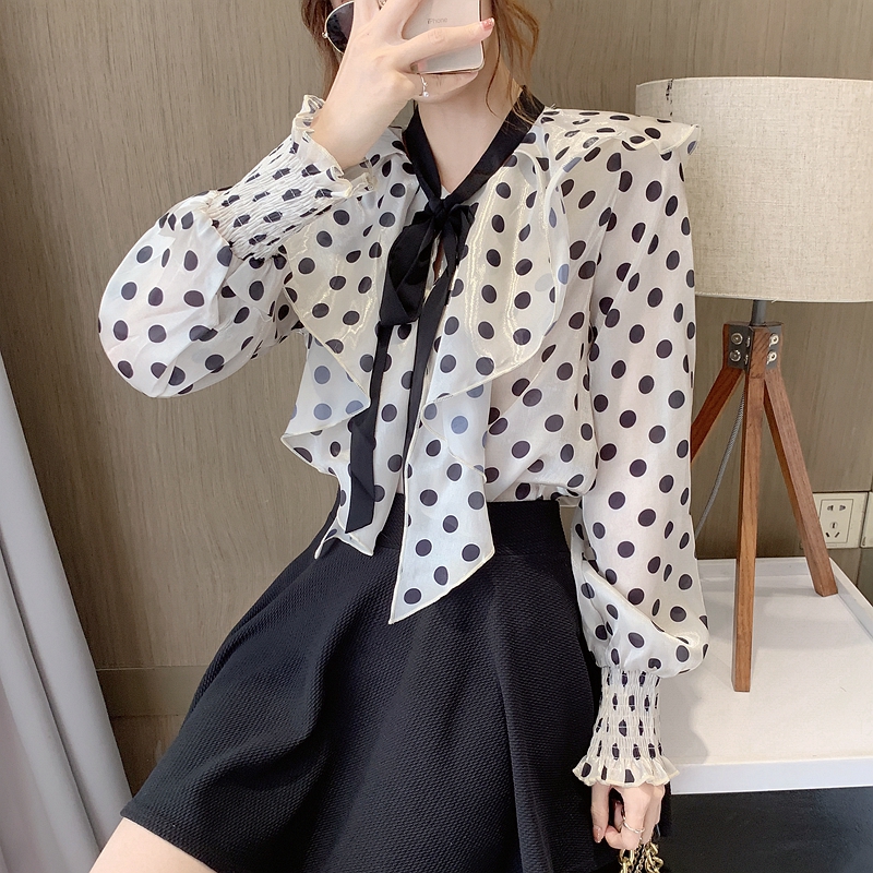 Frenum collar shirt polka dot chiffon shirt for women