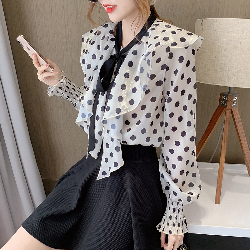 Frenum collar shirt polka dot chiffon shirt for women