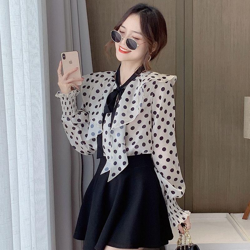 Frenum collar shirt polka dot chiffon shirt for women