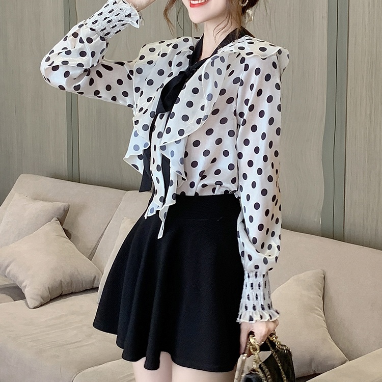 Frenum collar shirt polka dot chiffon shirt for women