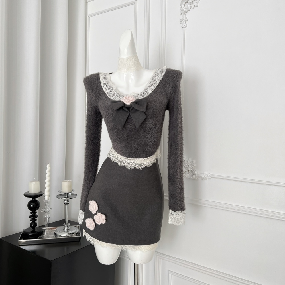 Lace enticement gray slim tops 2pcs set for women