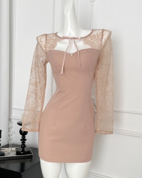 Enticement pink hollow lace dress