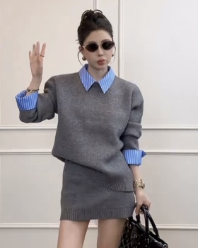 Korean style splice sweater spring shirt 2pcs set