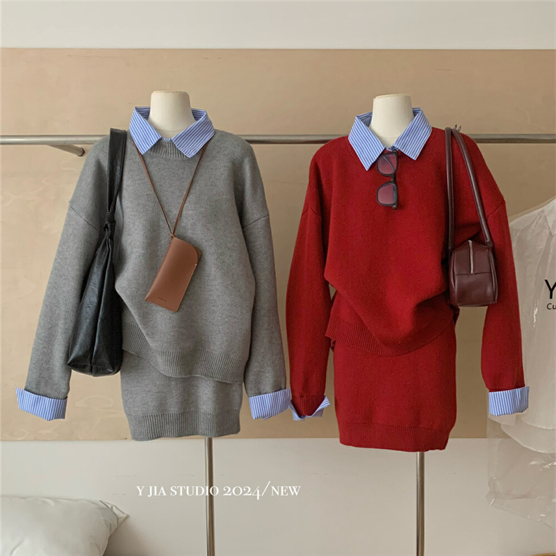 Korean style splice sweater spring shirt 2pcs set