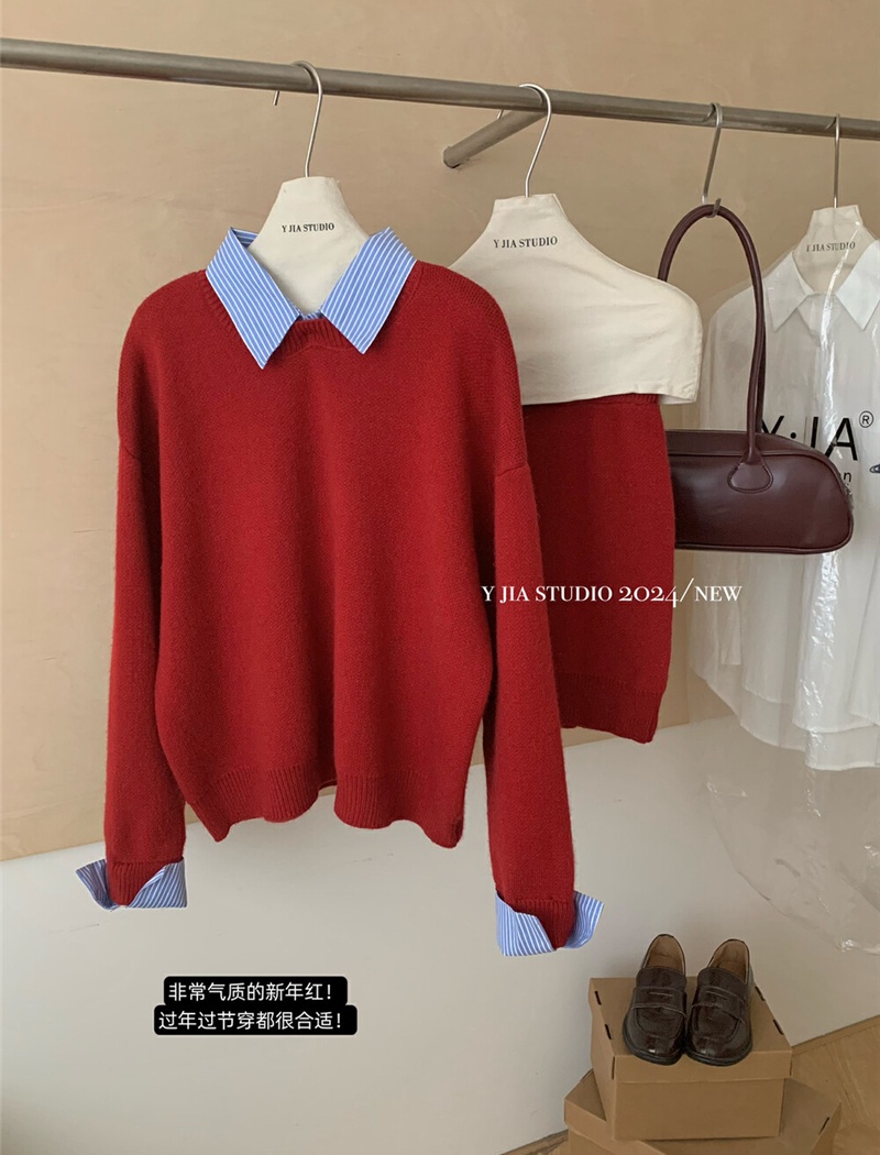 Korean style splice sweater spring shirt 2pcs set