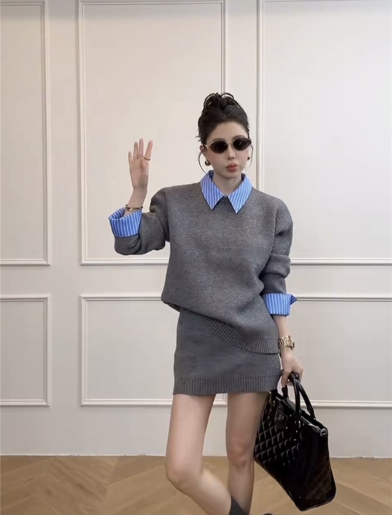 Korean style splice sweater spring shirt 2pcs set