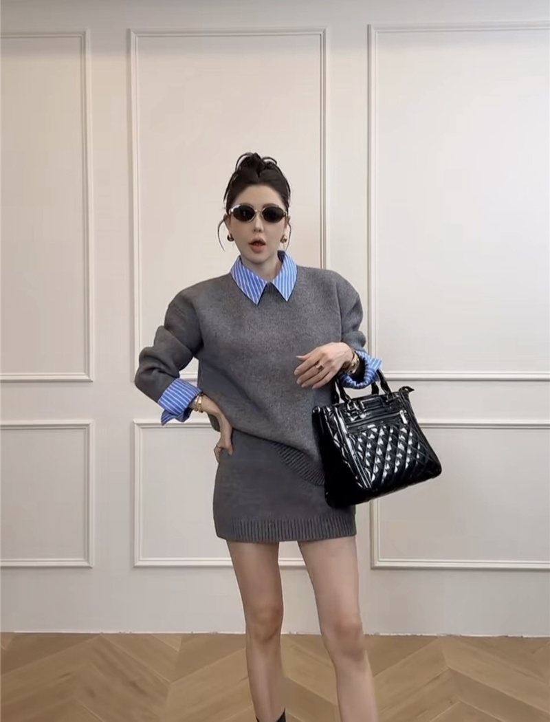 Korean style splice sweater spring shirt 2pcs set