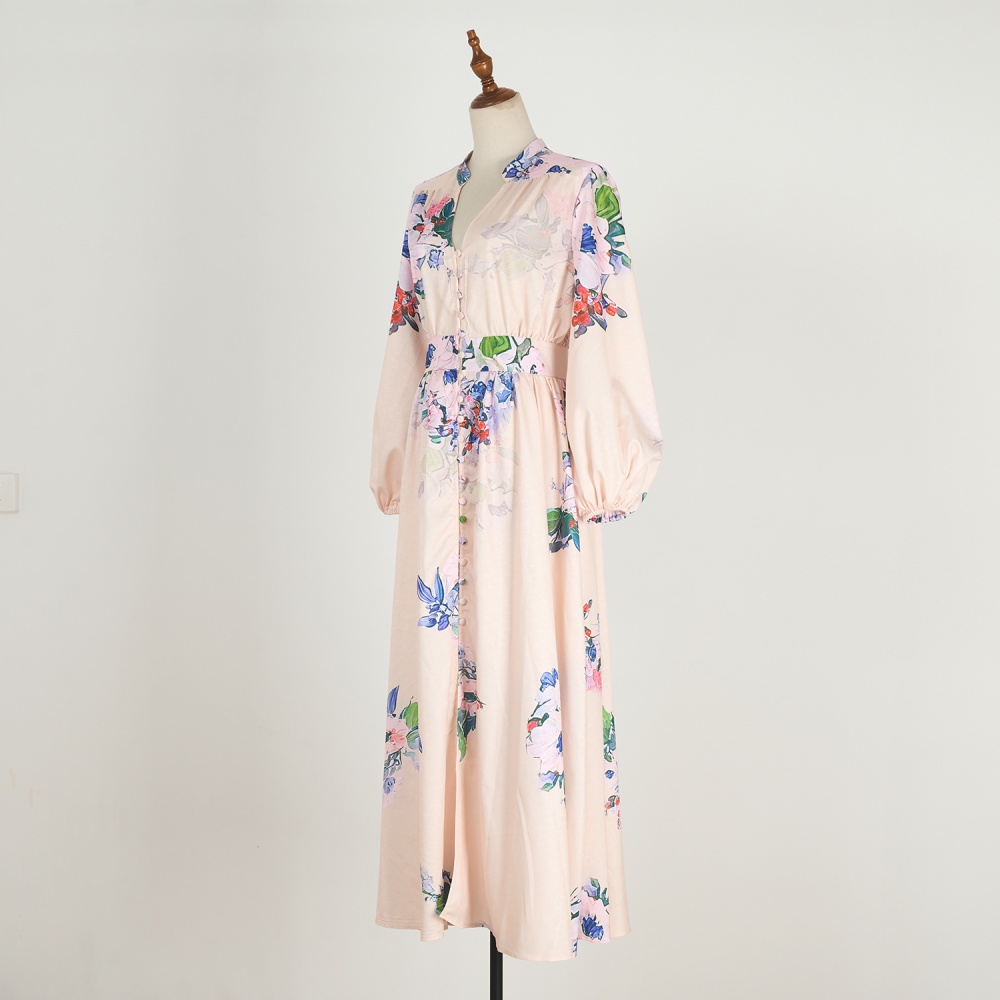 Lady slim vacation long printing lantern sleeve dress