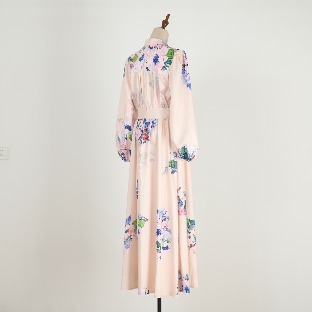 Lady slim vacation long printing lantern sleeve dress