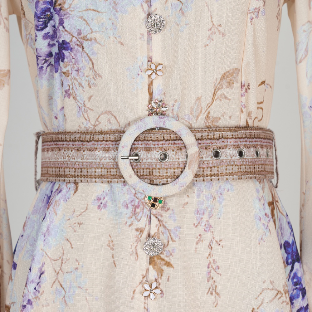 Printing buckle mood belt spring and summer long dress