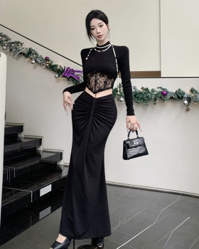 Black temperament T-shirt high waist skirt 2pcs set