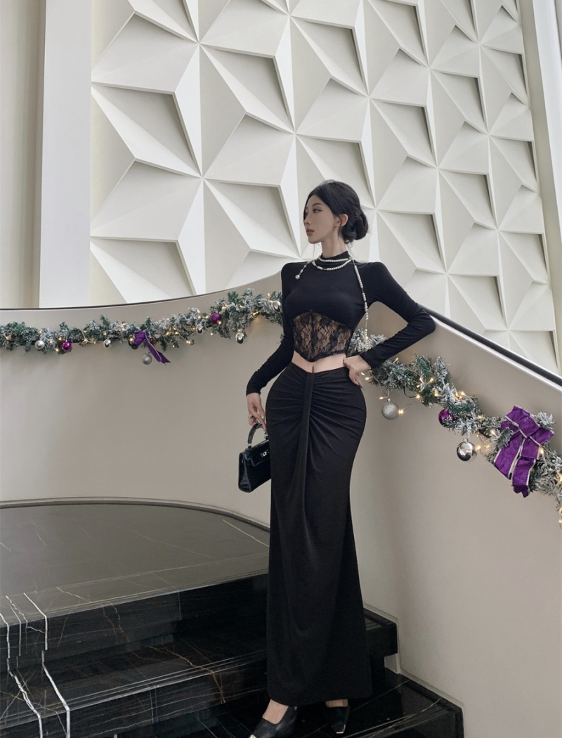 Black temperament T-shirt high waist skirt 2pcs set