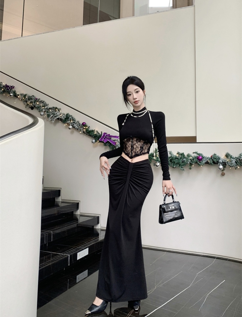 Black temperament T-shirt high waist skirt 2pcs set