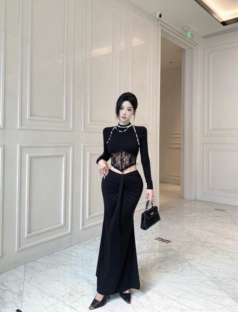 Black temperament T-shirt high waist skirt 2pcs set