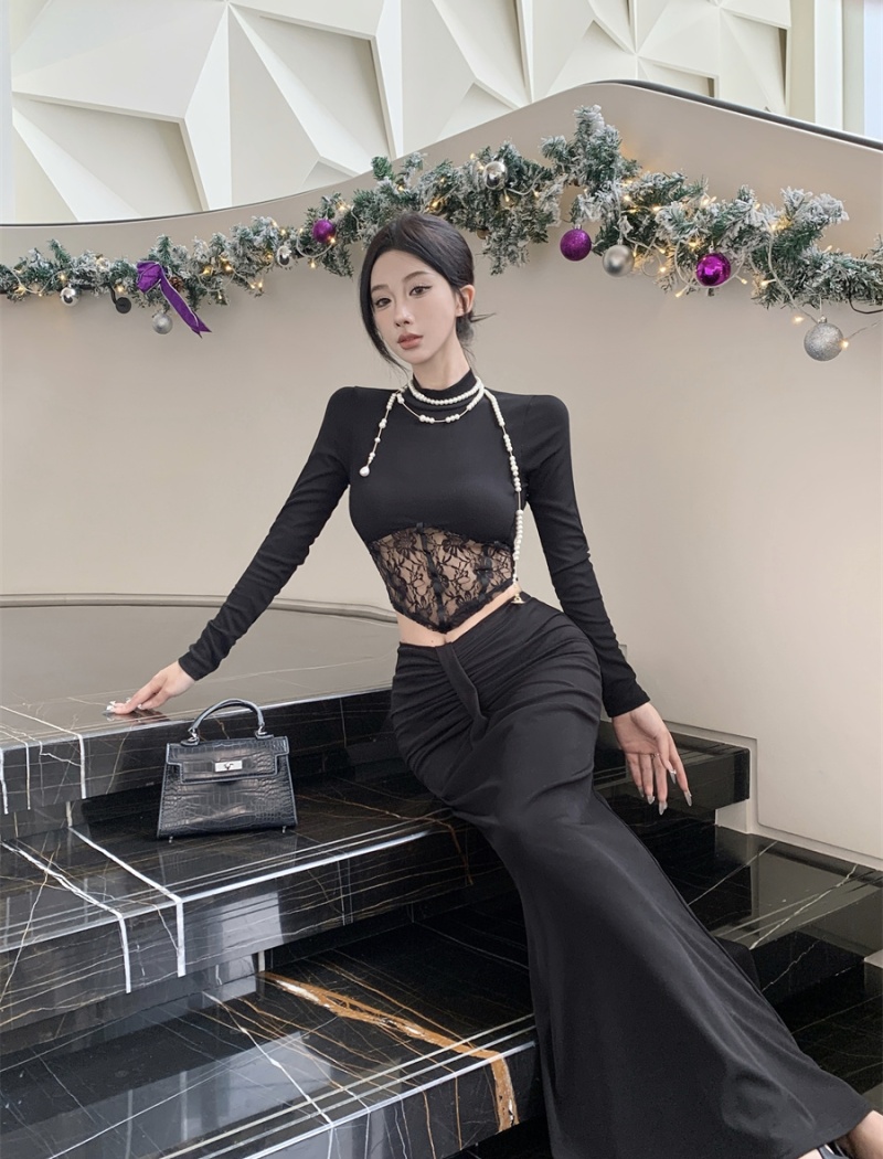 Black temperament T-shirt high waist skirt 2pcs set