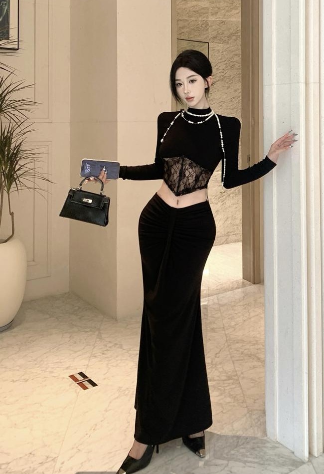 Black temperament T-shirt high waist skirt 2pcs set