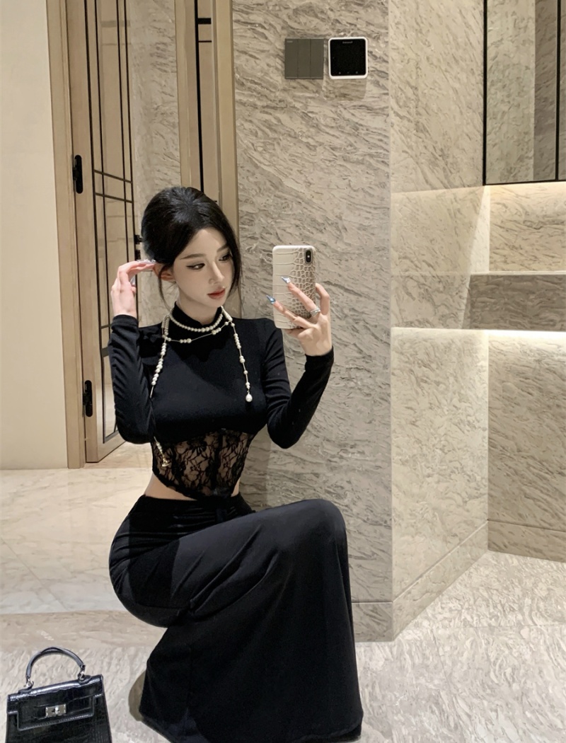 Black temperament T-shirt high waist skirt 2pcs set