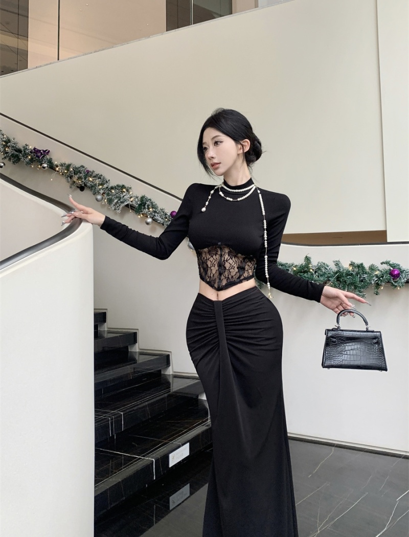 Black temperament T-shirt high waist skirt 2pcs set