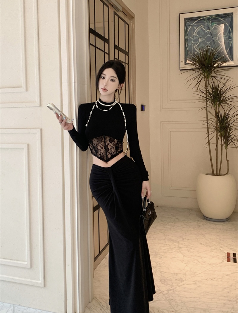 Black temperament T-shirt high waist skirt 2pcs set