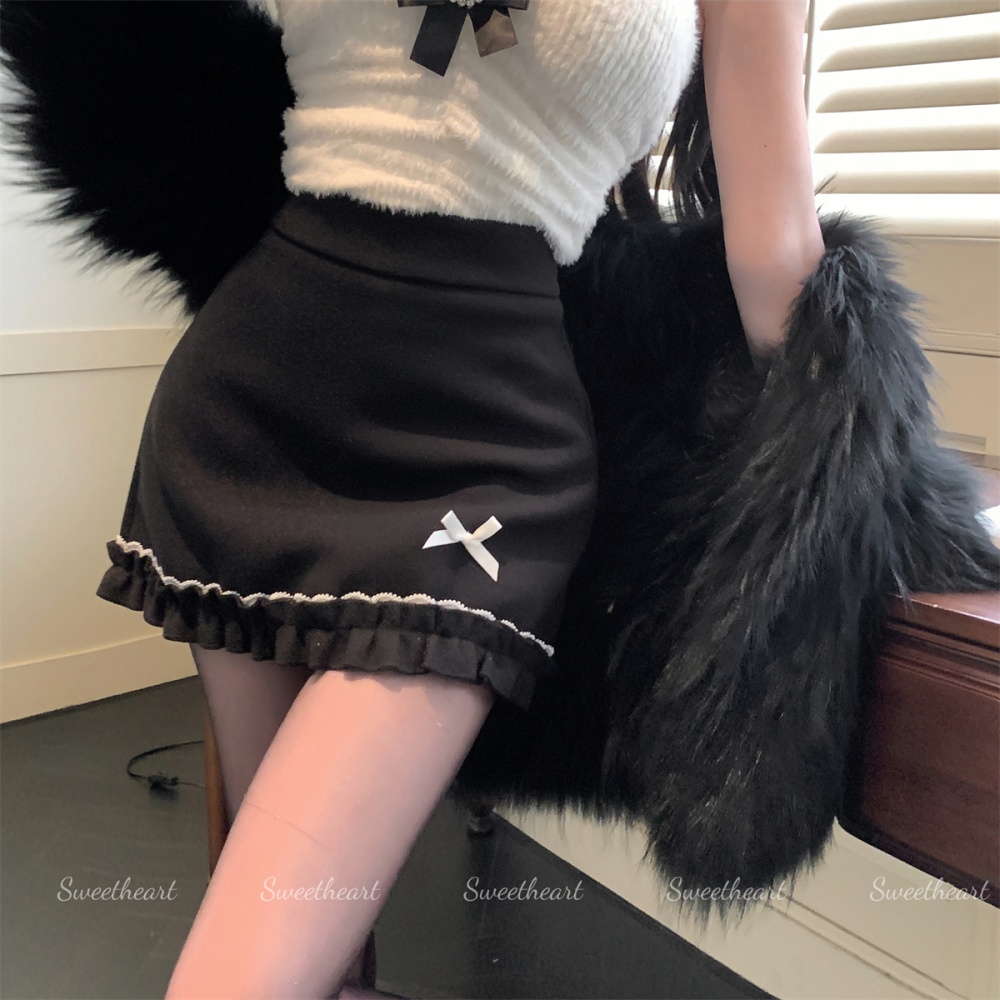 Bow sweet short skirt wood ear A-line skirt