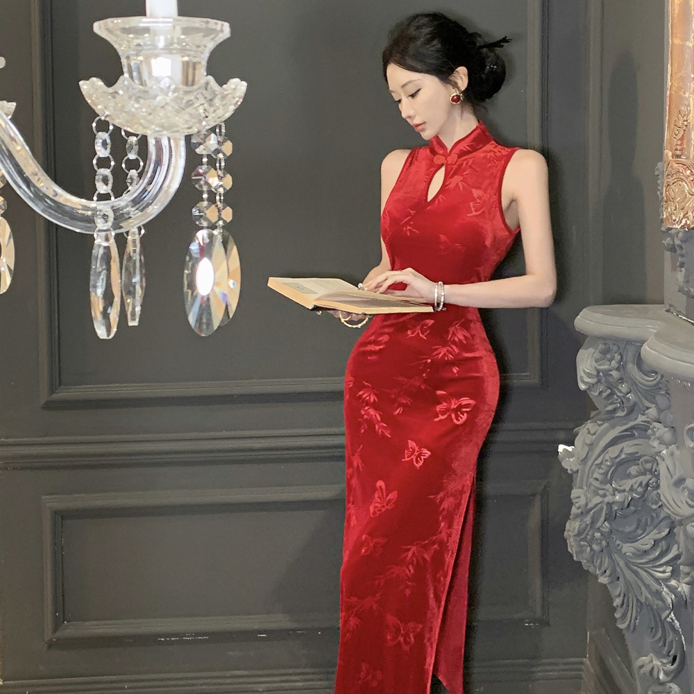 Sleeveless slim dress pinched waist cheongsam