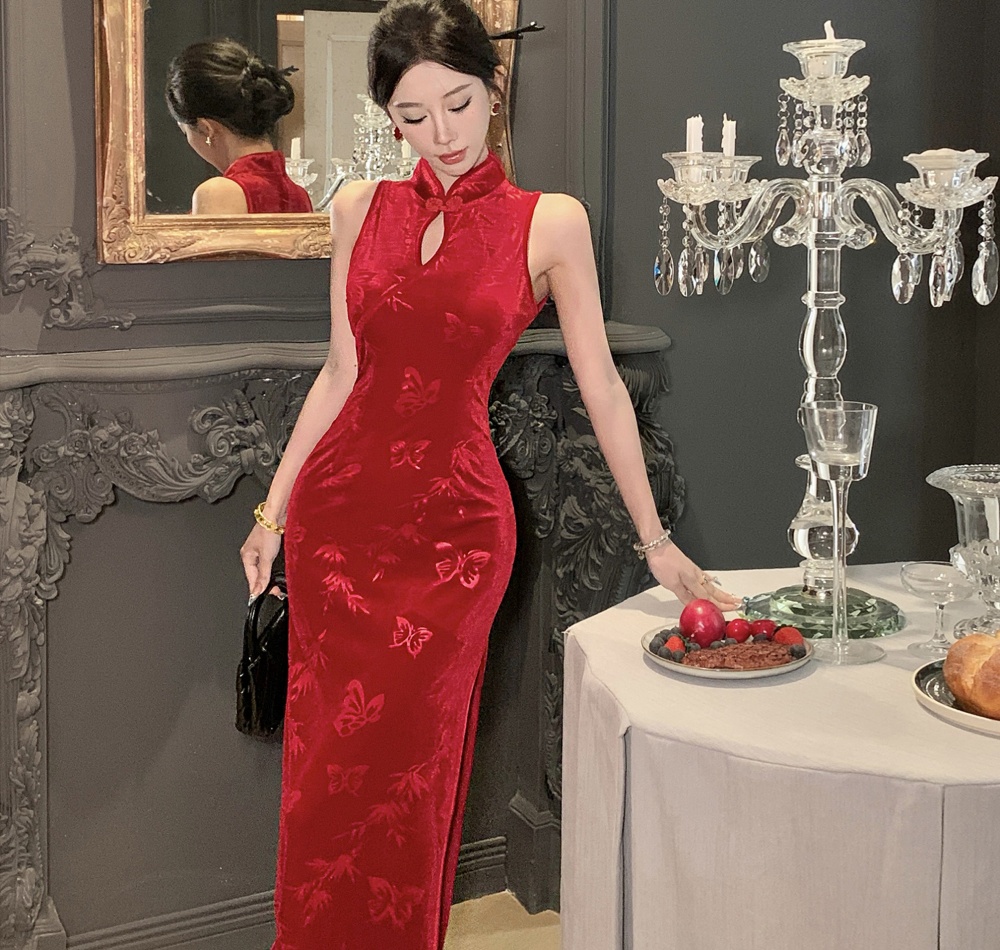 Sleeveless slim dress pinched waist cheongsam