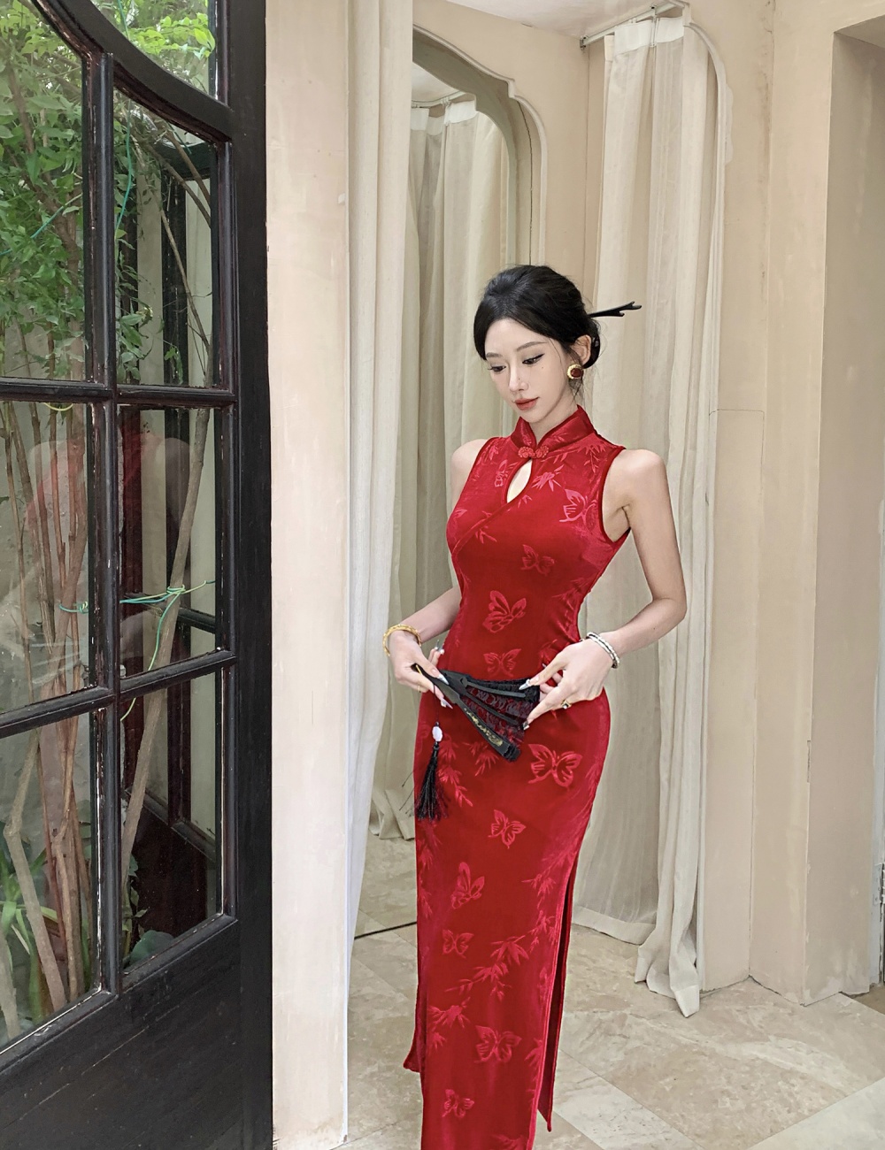 Sleeveless slim dress pinched waist cheongsam