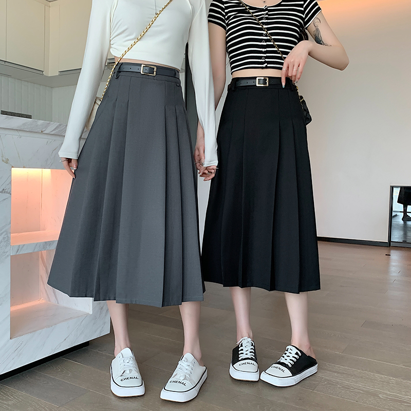 High waist long skirt with belt pleated business suit