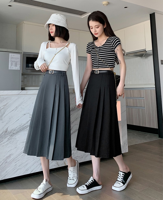 High waist long skirt with belt pleated business suit