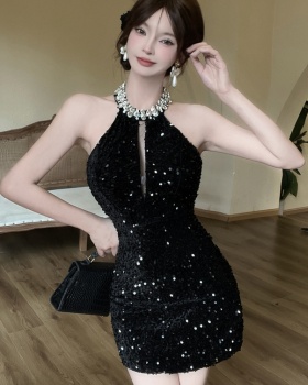 Sequins Hepburn style rhinestone sleeveless slim dress