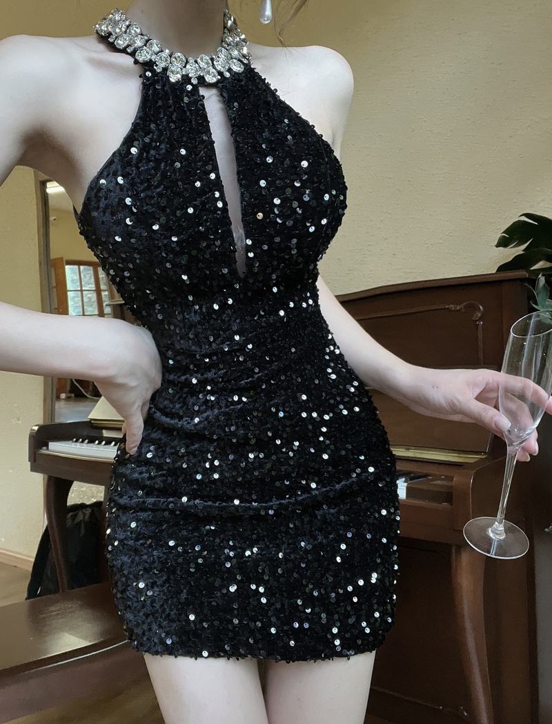 Sequins Hepburn style rhinestone sleeveless slim dress