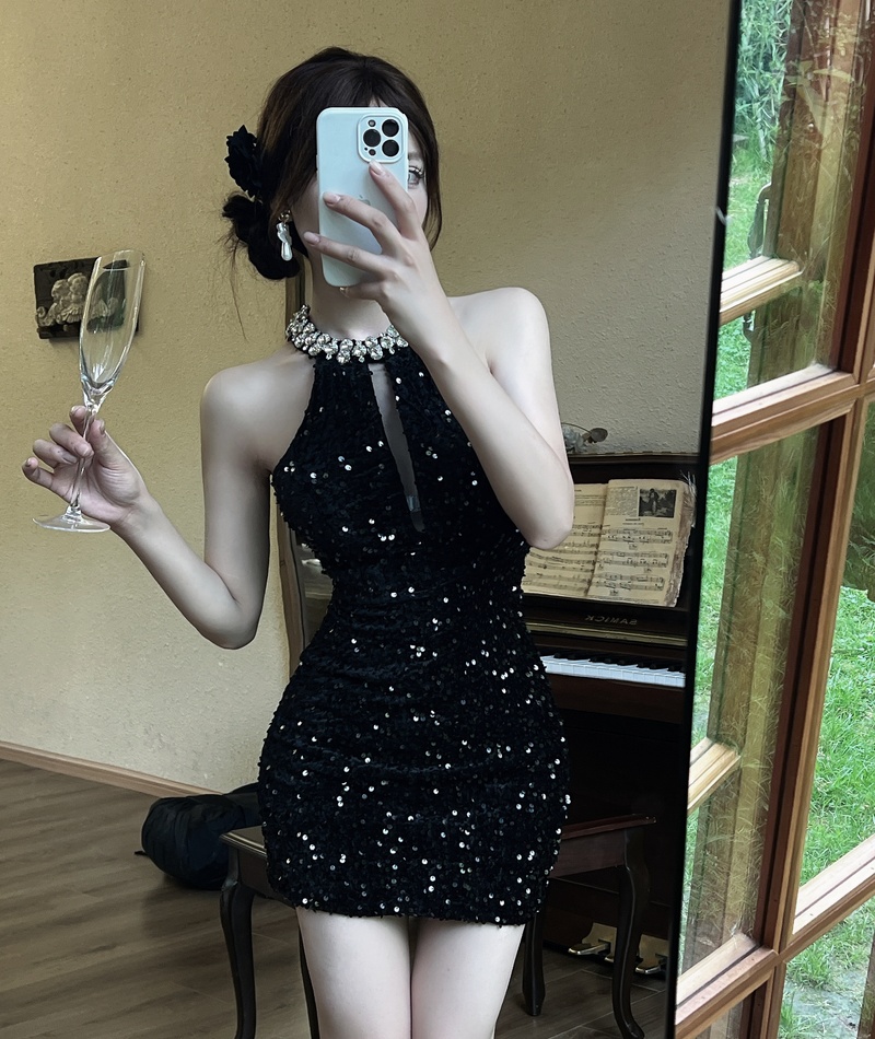 Sequins Hepburn style rhinestone sleeveless slim dress